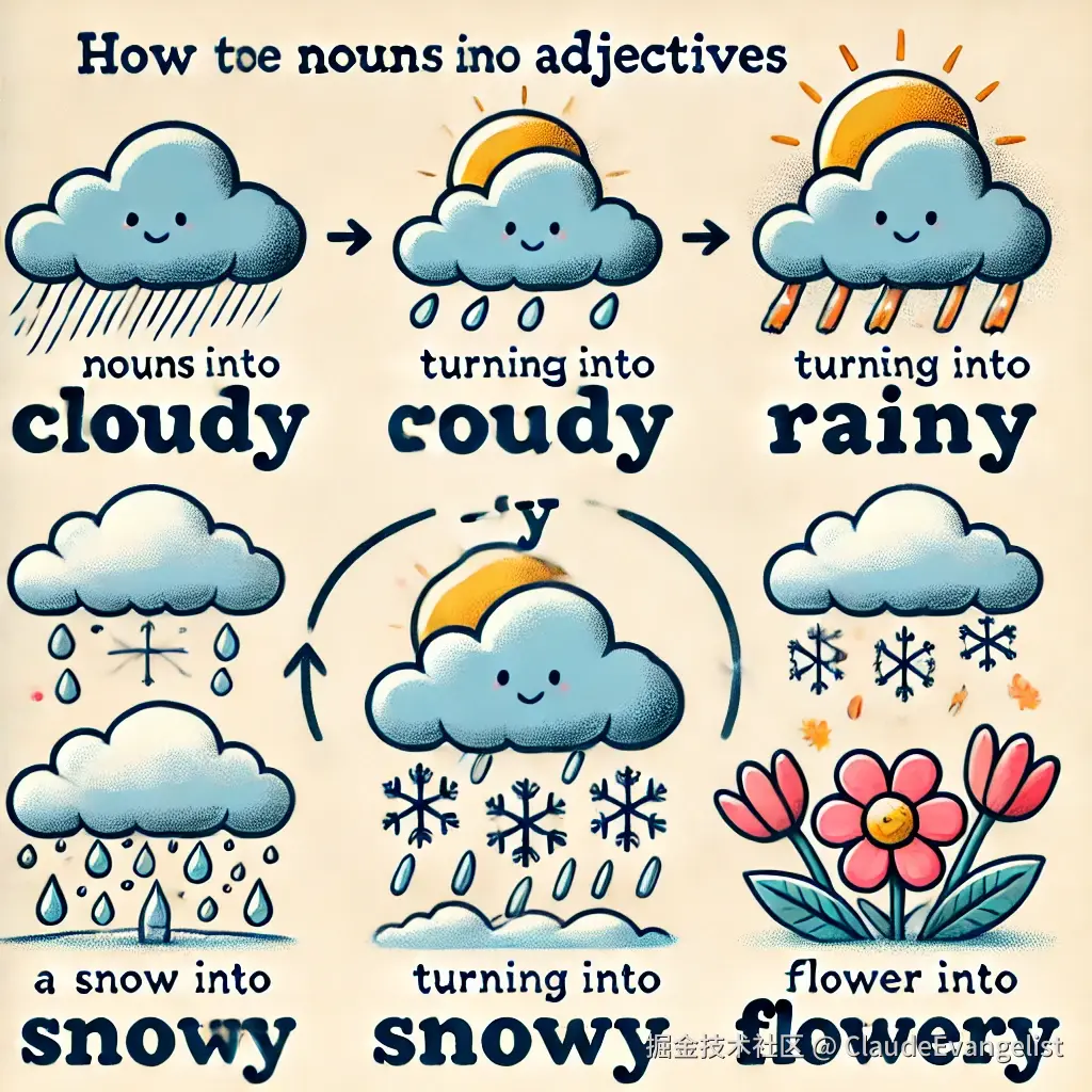 DALL·E 2025-01-06 16.59.19 - An educational illustration showing the transformation of nouns into adjectives using the suffix -y. Examples include a cloud turning into cloudy, a r.webp