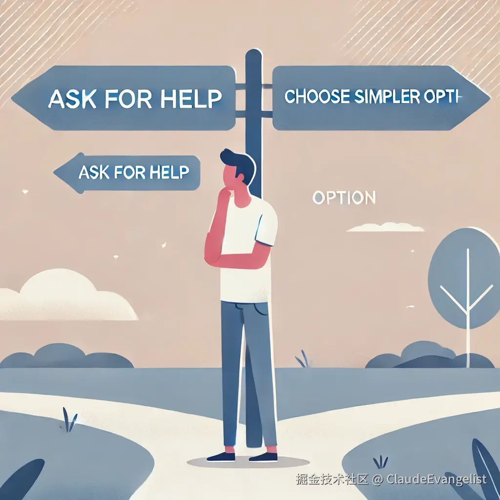 DALL·E 2024-10-31 21.54.54 - An illustration depicting a person standing at a crossroads, looking uncertain. There are two signs pointing in different directions, one labeled “Ask.webp