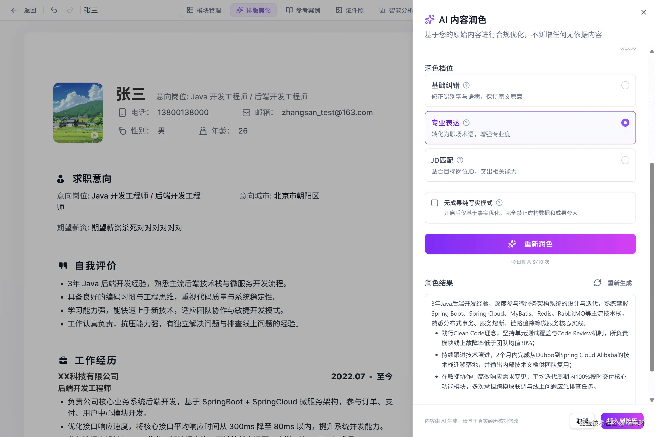 AI 润色与岗位优化界面