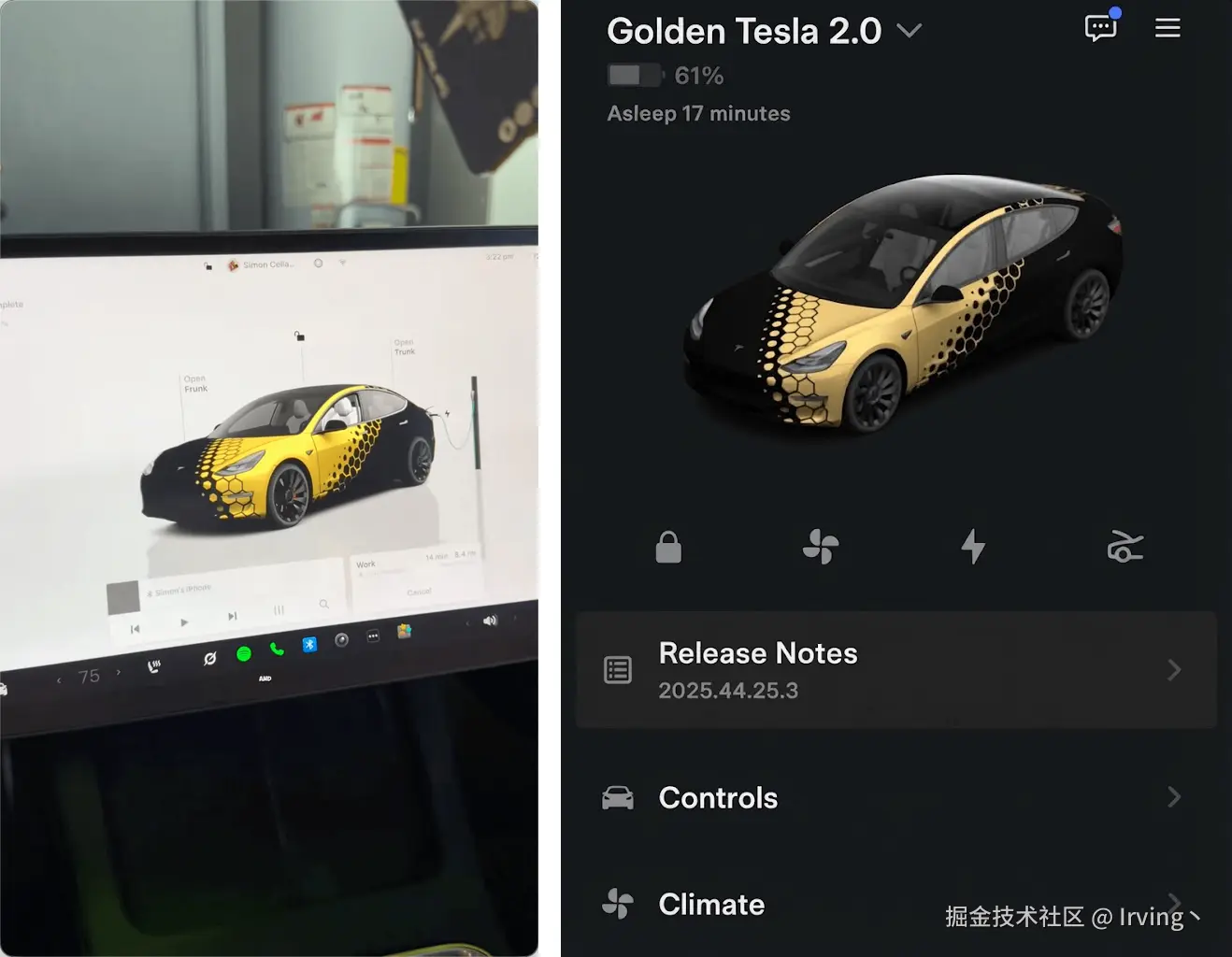 同款数字车衣在特斯拉车机与 Tesla App 中的效果，左右等高展示