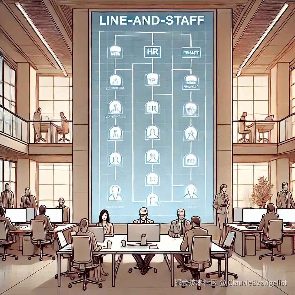 DALL·E 2024-12-04 20.41.31 - An illustration of a simple and organized office environment representing a line-and-staff organizational structure. The image features a hierarchical.webp