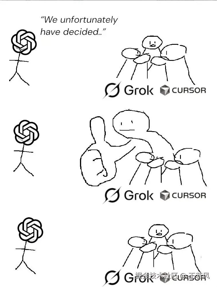 Three-panel comic: OpenAI announces decision, Grok and Cursor give thumbs up