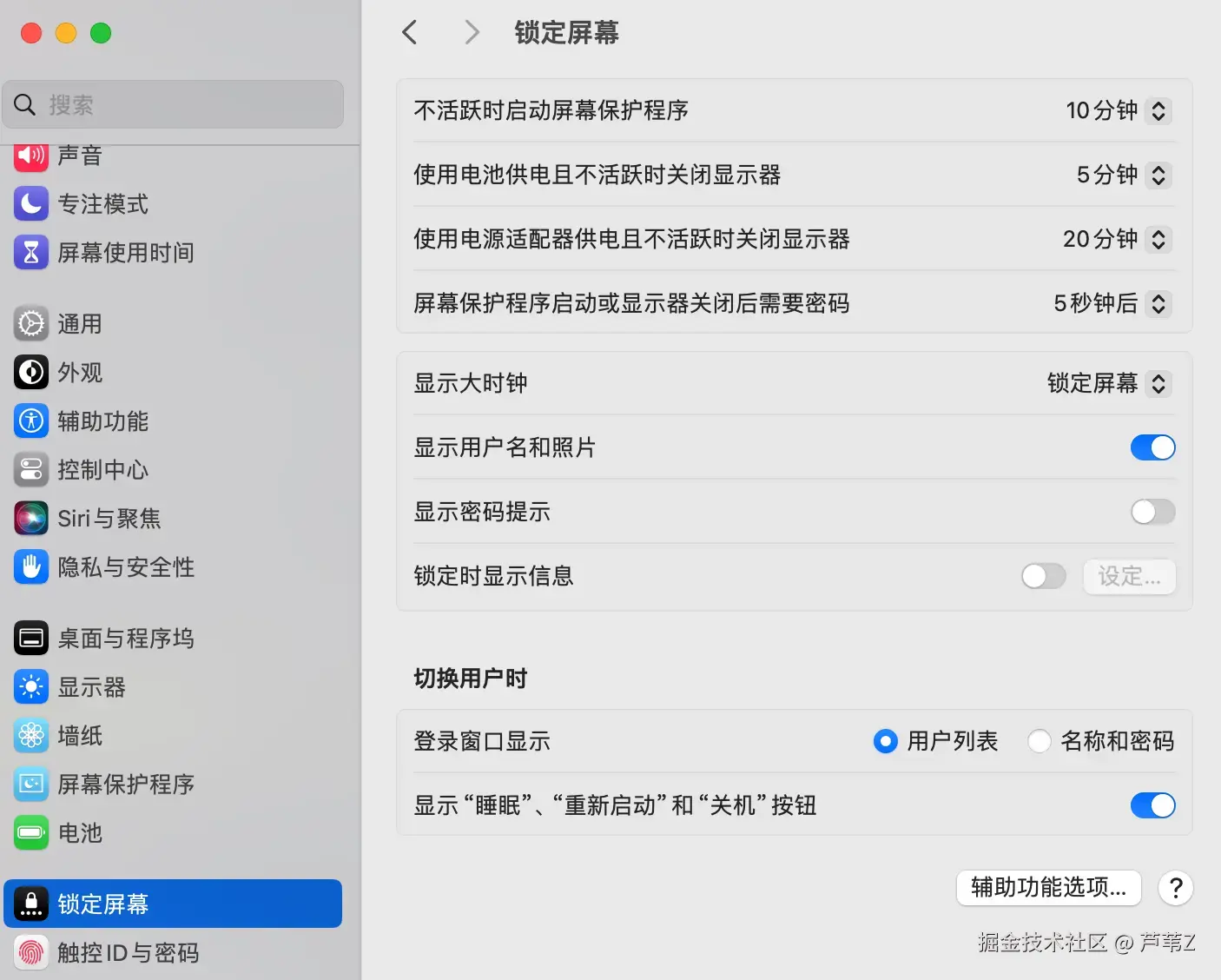 macOS系统设置中的锁定屏幕选项界面