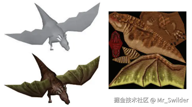 图2.9：左上角是一个没有纹理的龙模型，右边的纹理会被“粘合”在模型的表面，其结果如左下角图像所示。
