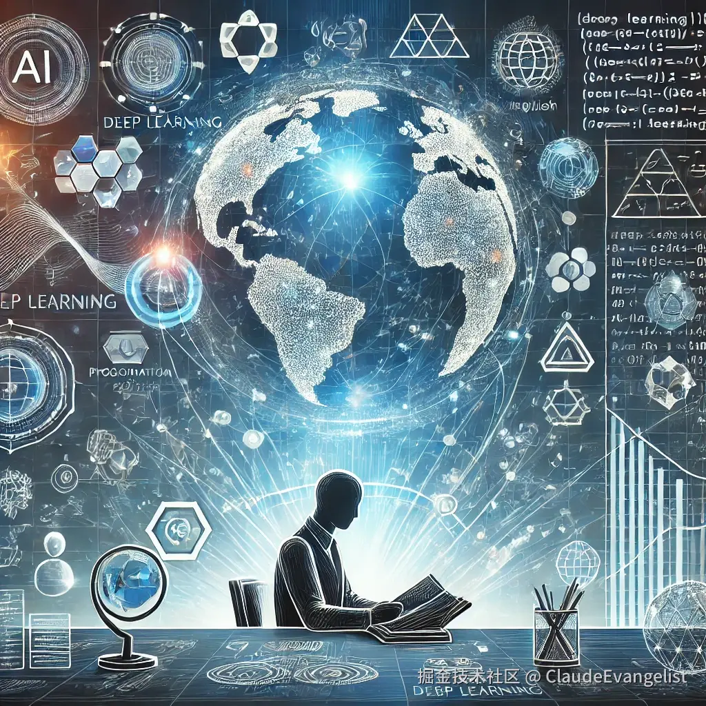 DALL·E 2025-01-06 13.04.04 - An illustration representing the future of AI development. The image should show a person sitting at a desk, surrounded by abstract symbols of AI, cod.webp