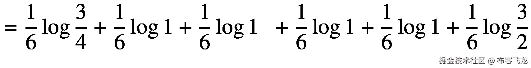 =\frac{1}{6}\log \frac{3}{4}+\frac{1}{6}\log 1+\frac{1}{6}\log 1\kern0.5em +\frac{1}{6}\log 1+\frac{1}{6}\log 1+\frac{1}{6}\log \frac{3}{2}
