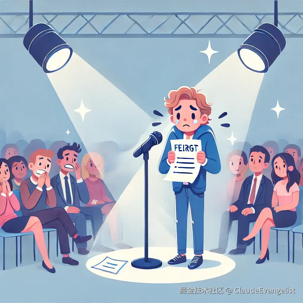DALL·E 2024-10-20 22.51.40 - An illustration showing a person standing on a stage, looking embarrassed, with a spotlight on them. The person is holding a paper that is blank, symb.webp