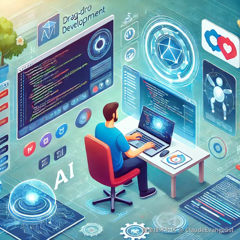 DALL·E 2024-12-25 19.15.24 - A vibrant and engaging illustration of a futuristic app development interface powered by AI, showcasing features like drag-and-drop UI components, rea.webp