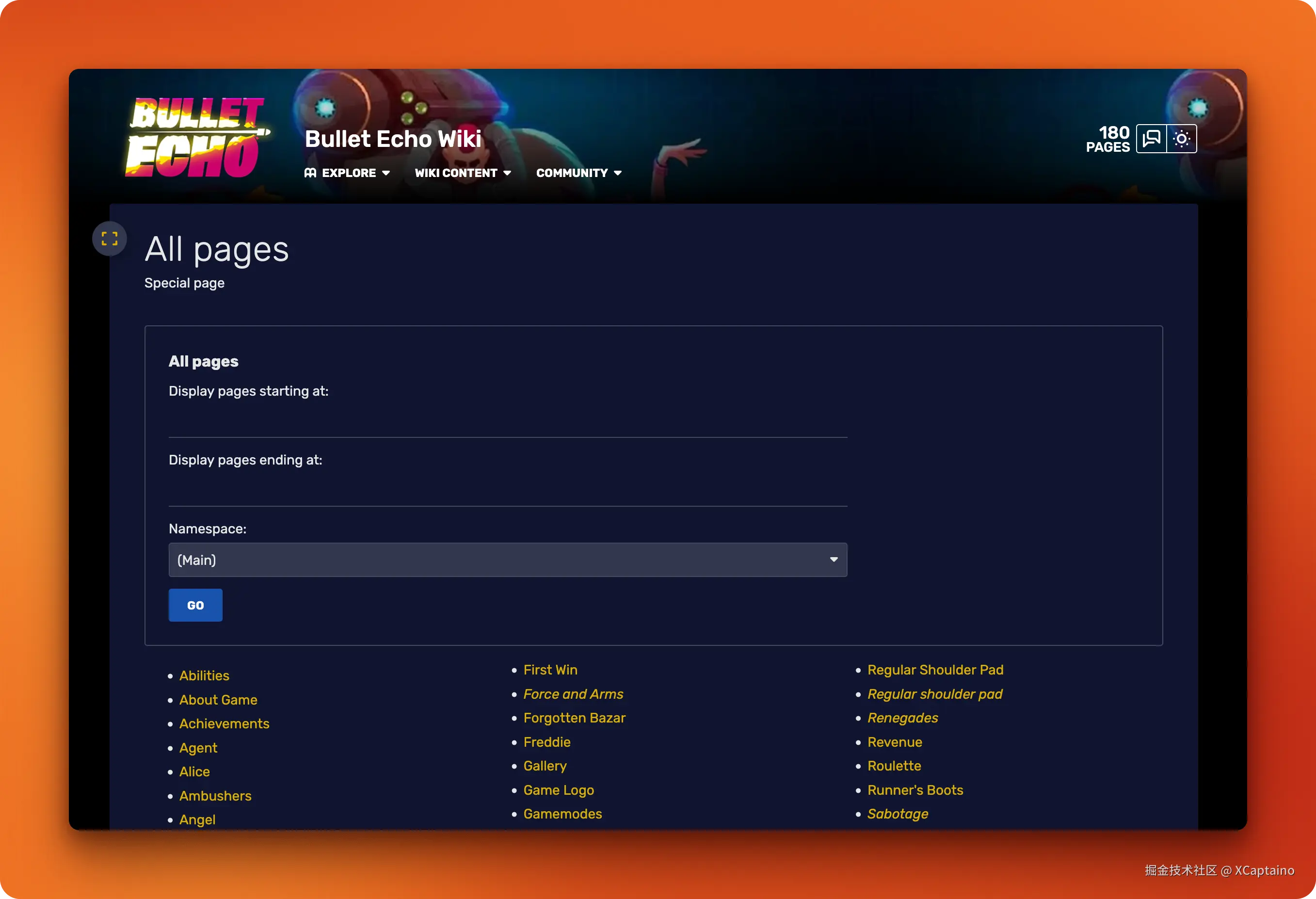 Screenshot of the Bullet Echo wiki's "All Pages" section showing an alphabetical list of wiki articles