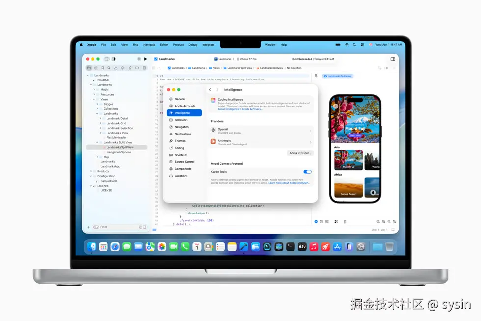 一台 MacBook Pro 桌面上显示着 Xcode 应用，展示了全新的智能体编程能力。