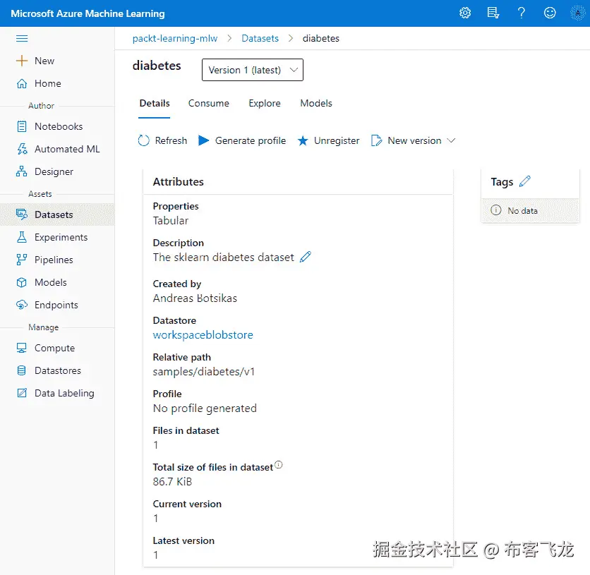 图 7.21 – 注册在工作区中的表格数据集    