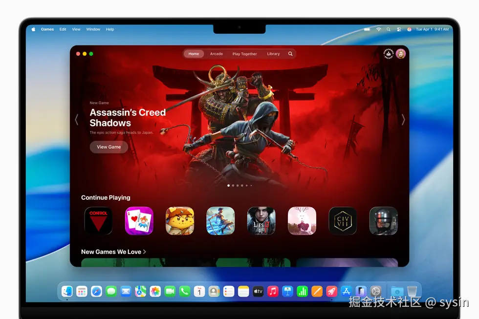 一台 16 英寸 MacBook Pro 上的 Games app 中显示着游戏画面。 