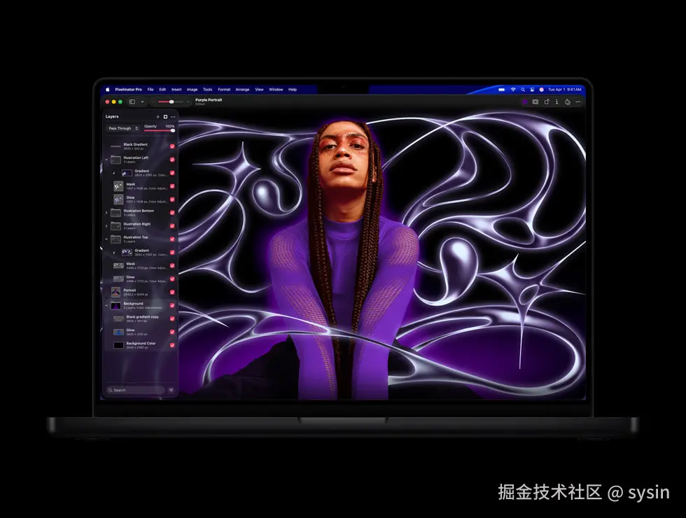 MacBook Pro 上显示着 Pixelmator Pro 中的一幅图片。