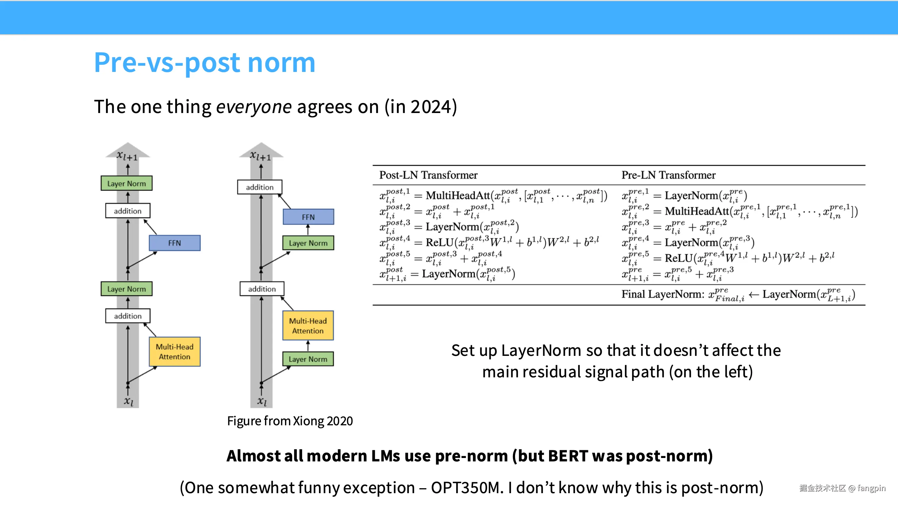 图：pre-norm 把 LayerNorm 移出 residual 主路径