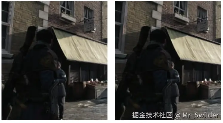 图7.21：深度包围盒对阴影质量的影响。左图中，没有使用特殊处理来调整远近裁剪平面的深度。在右边，使用了SDSM方法来寻找更加紧密的包围盒。注意上图中左侧边缘附近的窗框、二楼花盆下方的区域、以及一楼的窗户，松散的视图包围盒会导致采样不足，从而产生了瑕疵和锯齿。指数划分的阴影贴图可以用于渲染这些特定的图像，但是提高深度精度的思路对所有的阴影贴图技术而言都是有效的。