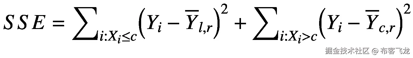 SSE={\sum}_{i:{X}_i\le c}{\left({Y}_i-{\overline{Y}}_{l,r}\right)}²+{\sum}_{i:{X}_i&gt;c}{\left({Y}_i-{\overline{Y}}_{c,r}\right)}²