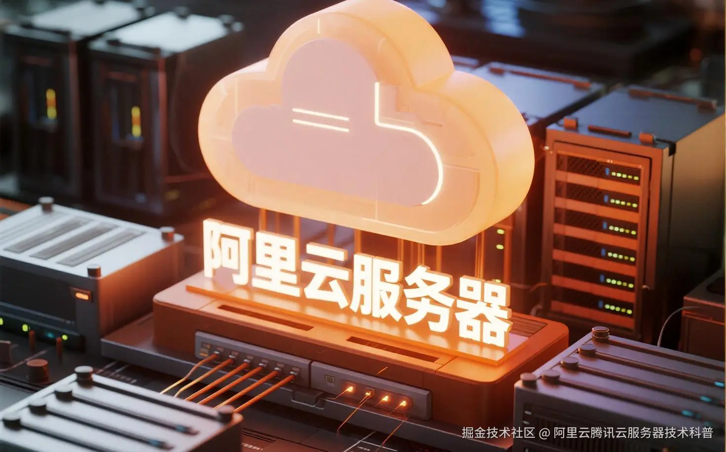 jimeng-2025-07-31-7649-创建一个具有未来科技感的云服务器服务宣传图。主视觉是发光的白云和阿里云相间的服务....jpeg