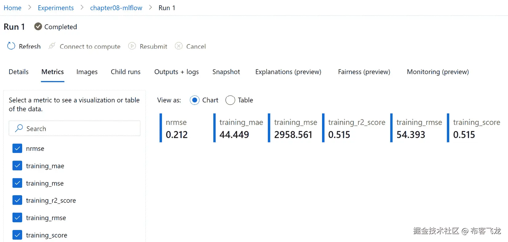 图 8.11 – 使用 MLflow 库并将 AzureML 用作远程跟踪服务器时记录的度量