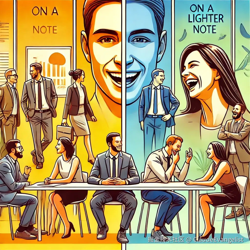 DALL·E 2024-11-16 10.55.06 - An illustration for an article explaining the phrase 'on a lighter note.' The image shows a balanced scene with two contrasting halves_ one half depic.webp