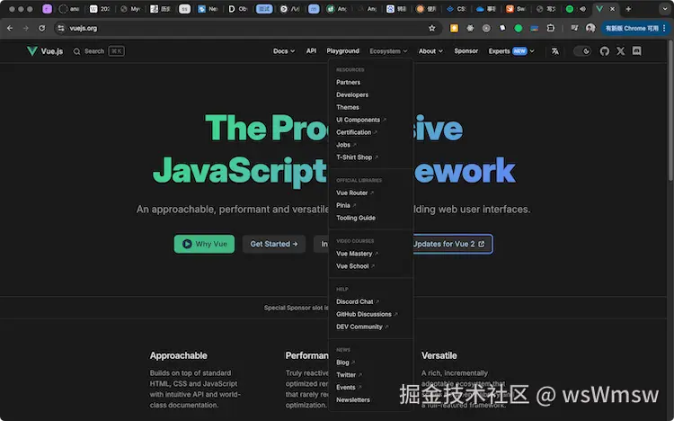 Vue 官网的导航栏，鼠标悬浮在导航栏中的“playground”按钮上，并展开了一个文字列表菜单