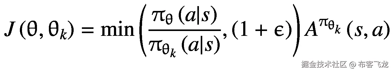 J\left(\uptheta, {\uptheta}_k\right)=\mathit{\min}\left(\frac{\uppi_{\uptheta}\left(a|s\right)}{\uppi_{\uptheta_k}\left(a|s\right)},\left(1+\upepsilon \right)\right){A}^{\uppi_{\uptheta_k}}\left(s,a\right)