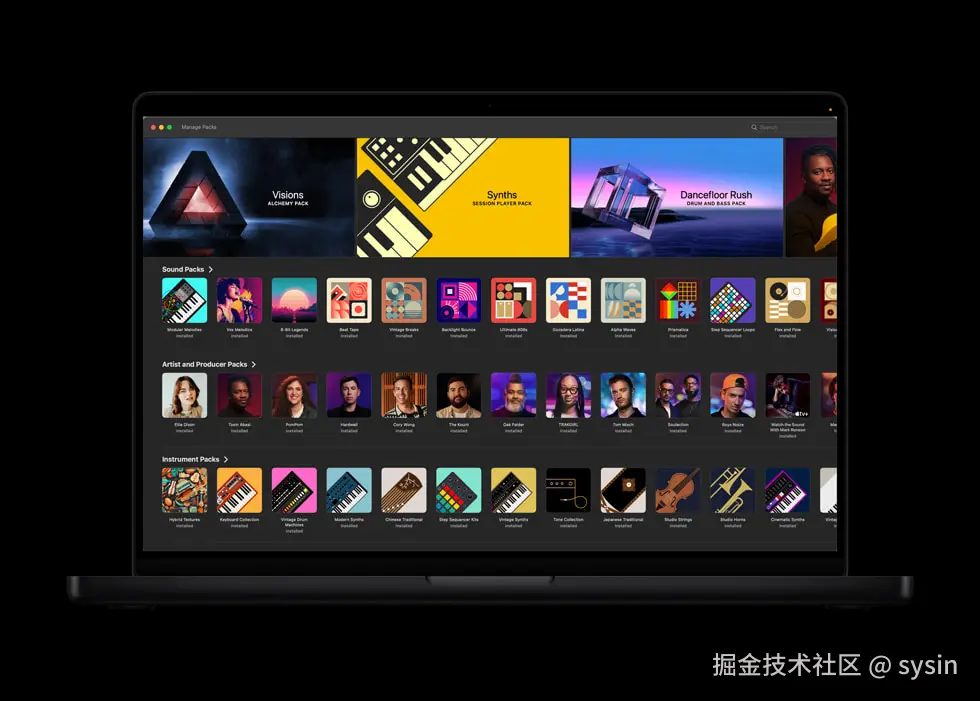 MacBook Pro 上显示着 Logic Pro 中的声音资源库。
