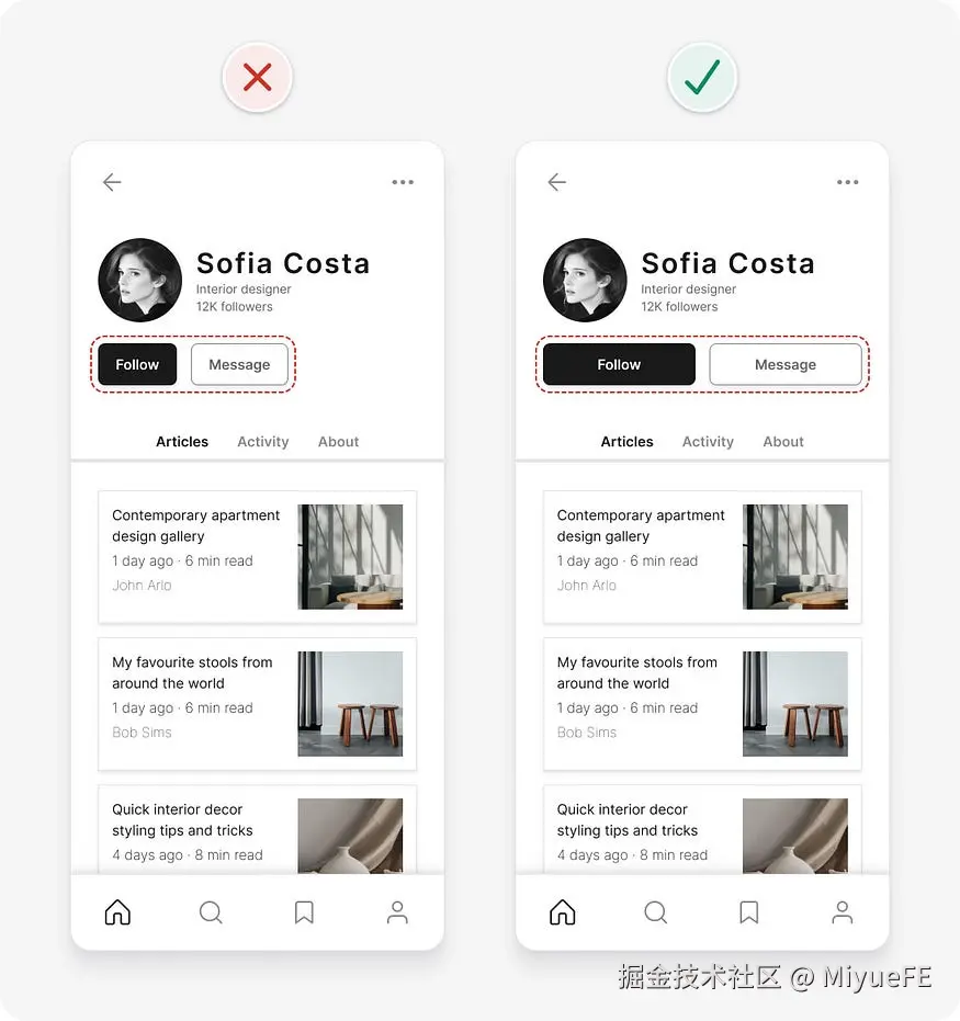 UI design tips example with buttons with sufficient target size