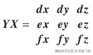 \boldsymbol{Y}\boldsymbol{X} = \begin{array}{ccc}\hfill \boldsymbol{dx}\hfill & \hfill \boldsymbol{dy}\hfill & \hfill \boldsymbol{dz}\hfill \\ {}\hfill \boldsymbol{ex}\hfill & \hfill \boldsymbol{ey}\hfill & \hfill \boldsymbol{ez}\hfill \\ {}\hfill \boldsymbol{fx}\hfill & \hfill \boldsymbol{fy}\hfill & \hfill \boldsymbol{fz}\hfill \end{array}