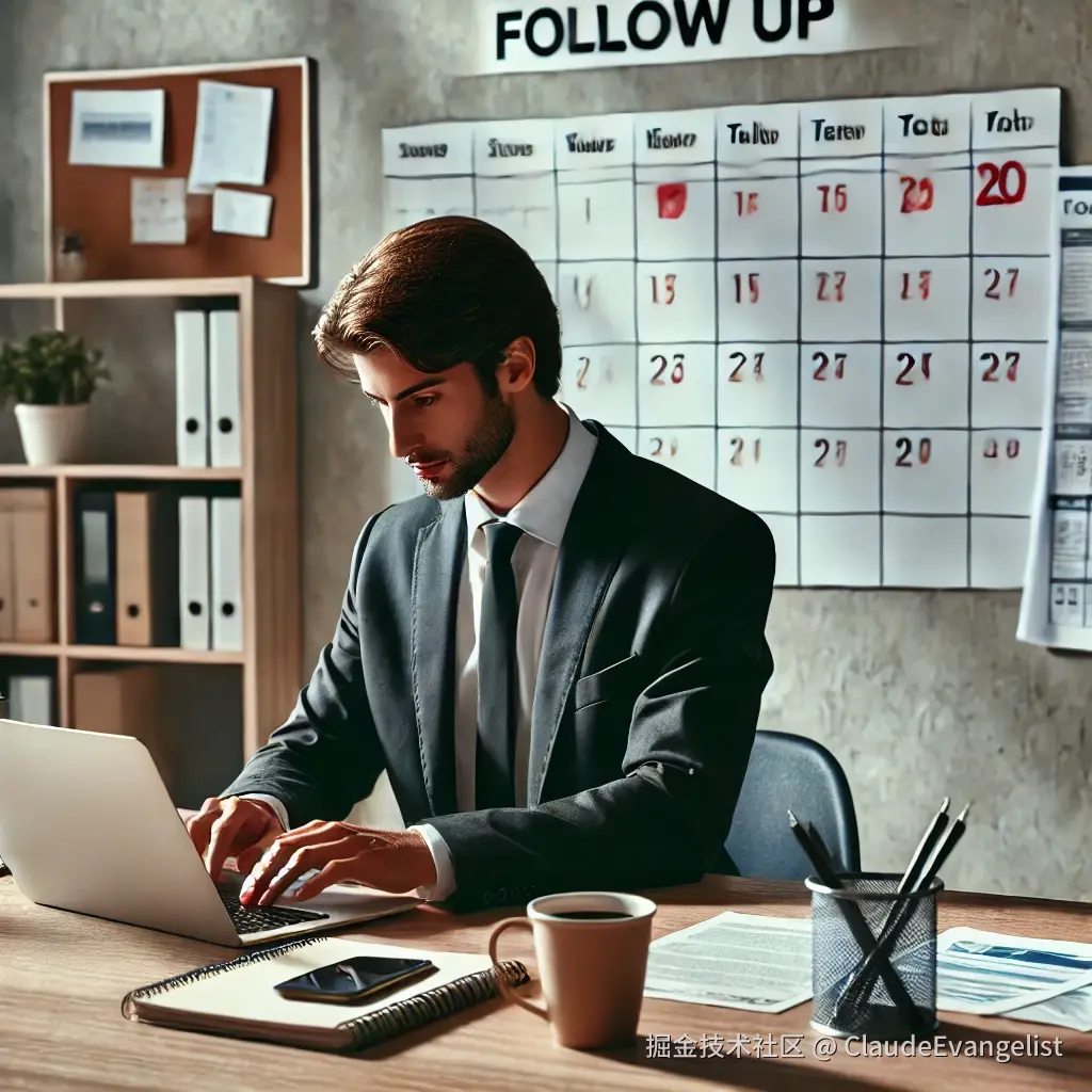 DALL·E 2024-12-17 19.13.12 - A professional business scene where an employee is following up on a task. The employee is sitting at a desk with a laptop, writing a follow-up email .webp