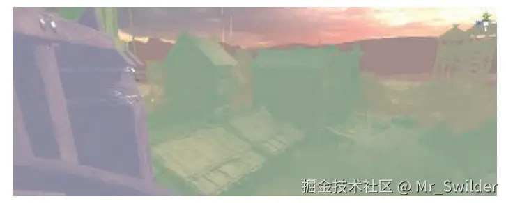 图7.20：阴影级联的可视化。图中紫色、绿色、黄色和红色分别代表了从近到远的四个级联阴影。