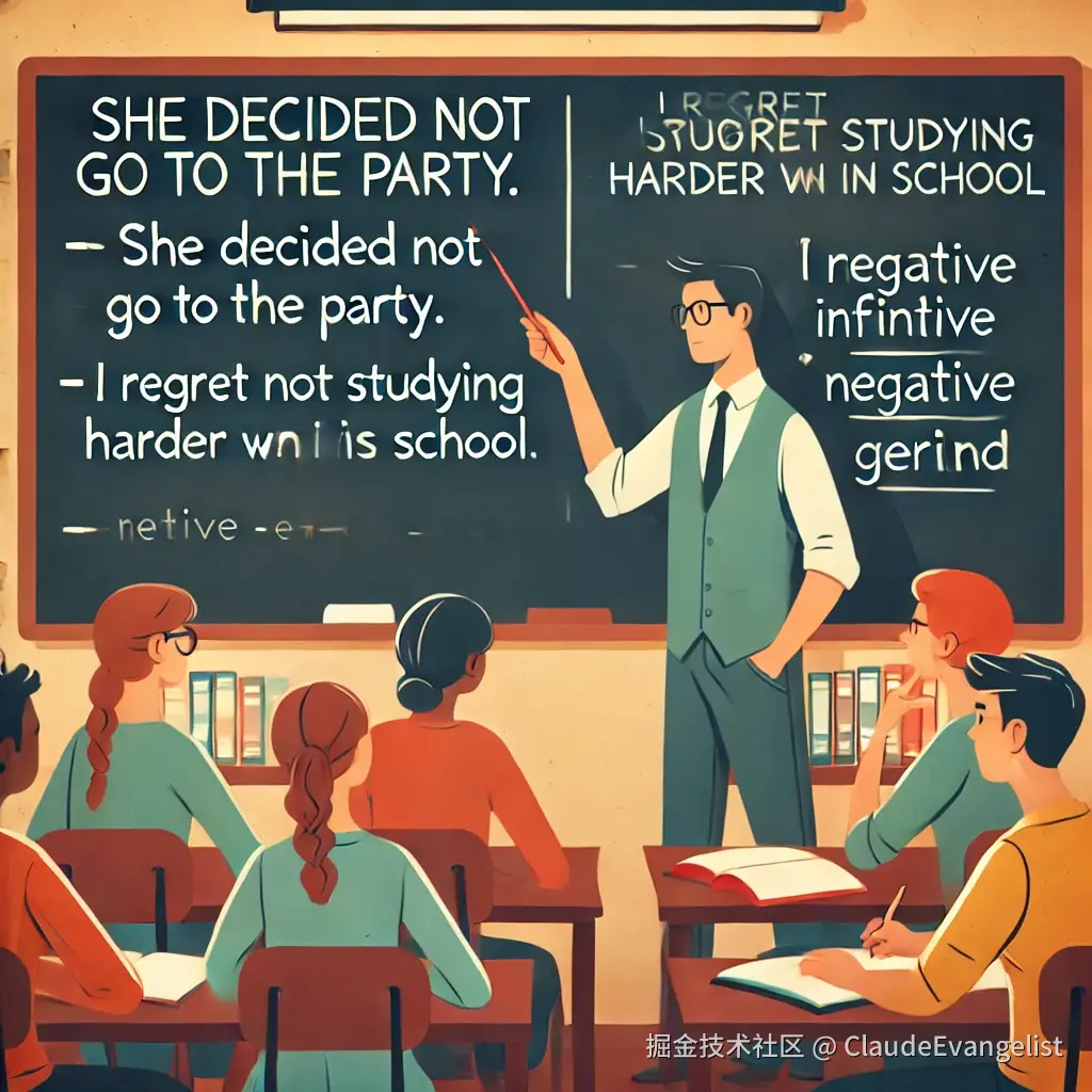 DALL·E 2024-08-04 14.40.57 - A classroom setting with a teacher explaining grammar to students. The teacher is standing in front of a blackboard, pointing to two sentences written.webp