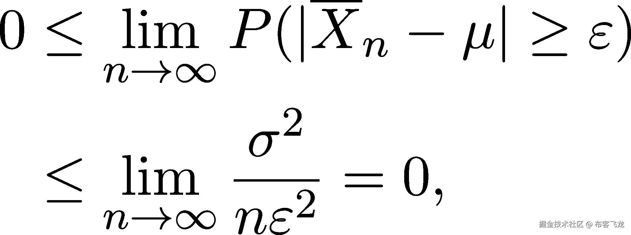 0 ≤ lim P(|Xn − μ | ≥ 𝜀) n→ ∞ -σ2- ≤ nl→im∞ n𝜀2 = 0, 