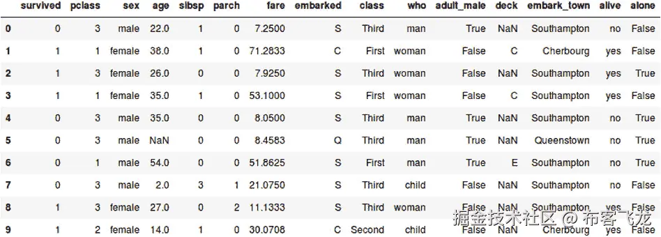 图 1.22：显示泰坦尼克数据集前 10 个实例的图像    