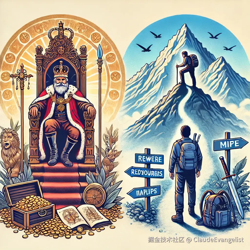 DALL·E 2024-11-10 12.06.49 - Illustration showing a symbolic comparison between a ruler, like a king or emperor, and an ordinary person, both facing challenges in life. The ruler .webp