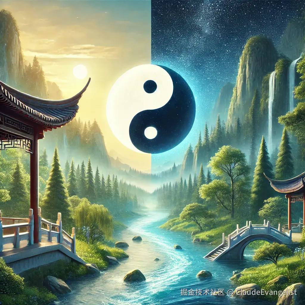DALL·E 2024-12-09 00.00.25 - A serene and mystical Chinese landscape inspired by Taoist philosophy, featuring a yin-yang symbol subtly integrated into the scenery. The left side o.webp