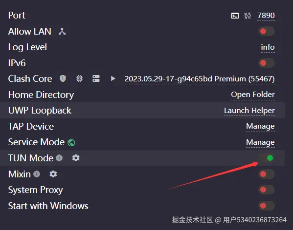 （配图：代理软件界面，指向 Tun/Service Mode 开关已开启）