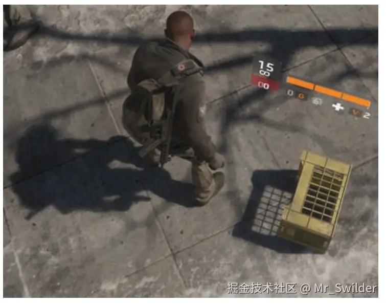 图7.2：图中包含了硬阴影和软阴影。当遮挡物靠近接收物的时候，箱子所产生的阴影是尖锐的。人所产生的阴影在接触点（脚部）附近是尖锐的，随着与遮挡物之间的距离逐渐增加，阴影边缘也逐渐软化。远处的树枝也会产生柔和的阴影效果。 [1711]