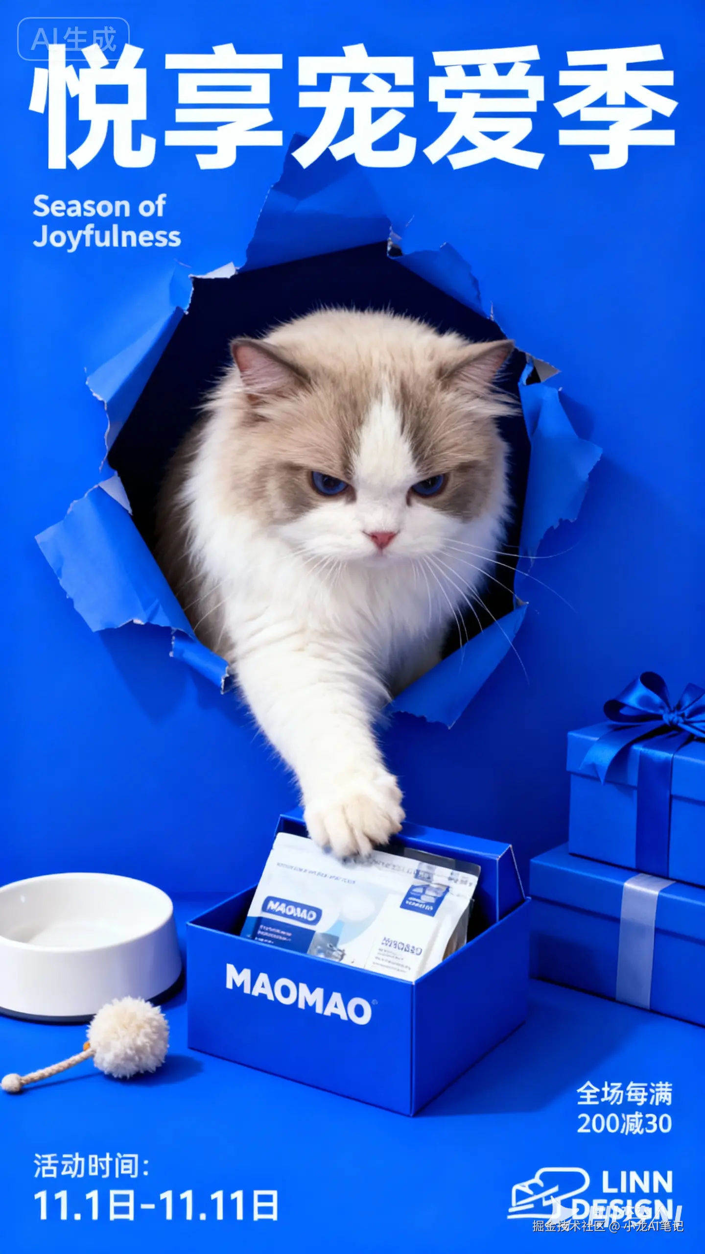 jimeng-2025-11-13-2214-这是一张以蓝色为主色调的促销海报，宣传的是 “宠爱季” 活动，品牌为 “MAOM....jpeg