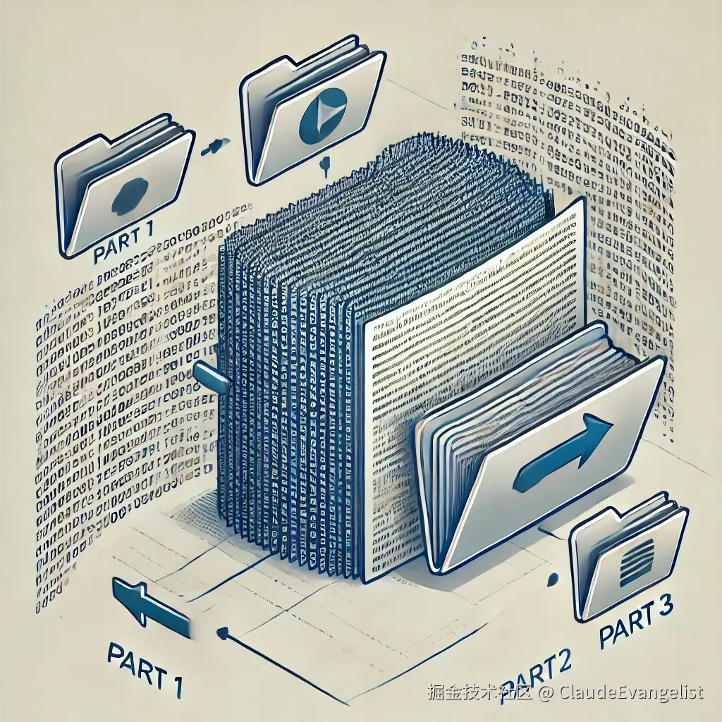 DALL·E 2024-09-06 22.15.04 - A detailed illustration of a large text file being split into smaller parts, with visual elements representing a large file being broken into pieces. .webp