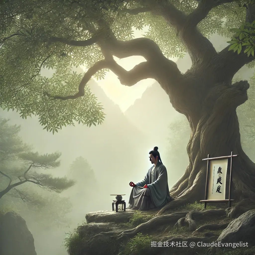 DALL·E 2024-11-03 14.36.34 - A serene scene depicting an ancient scholar meditating under a large, old tree surrounded by nature. The scholar wears traditional Chinese robes, with.webp