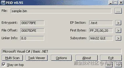 图 9.5 – PEiD 检测到恶意软件是一个 .NET 应用程序