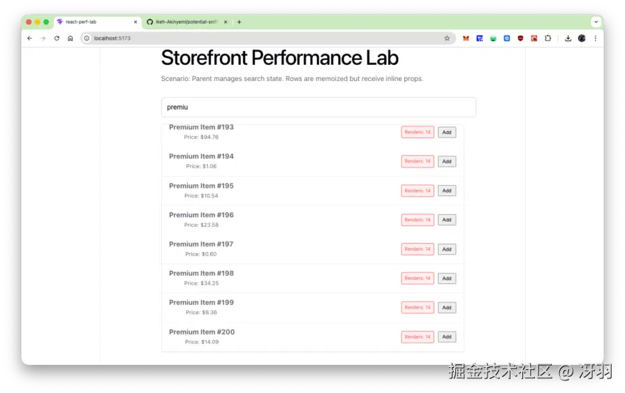 Browser window showing the ProductRow list with Render count badges.