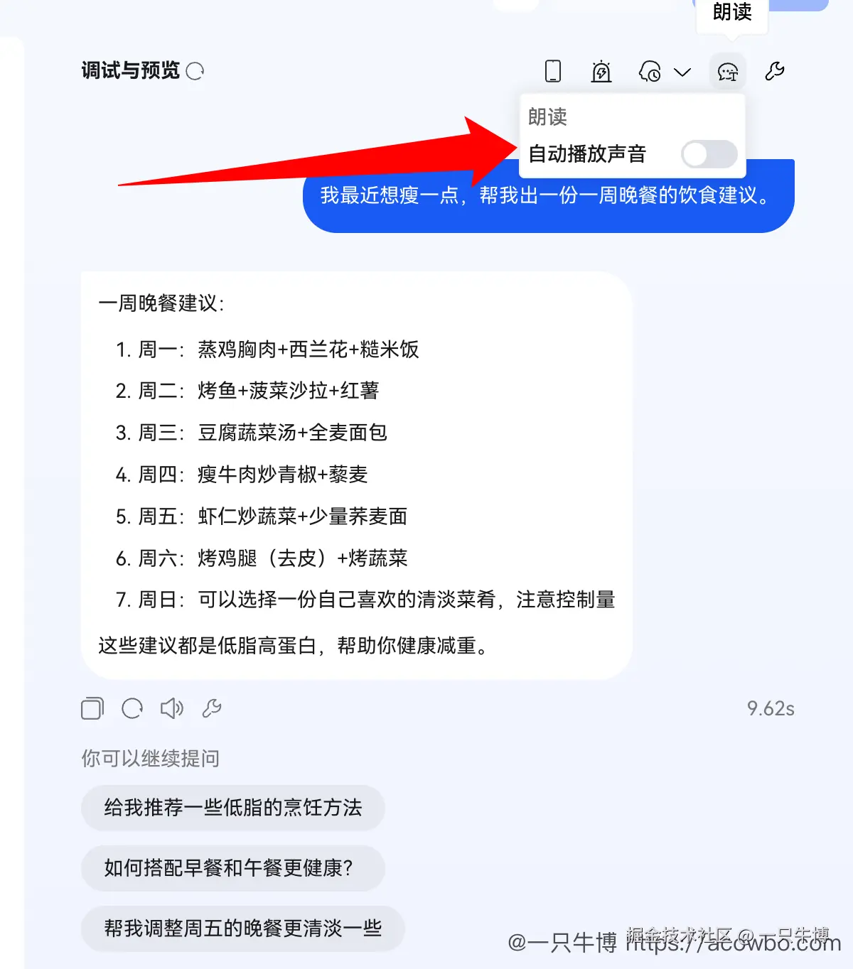 Real Debug Result for Diet Advice and Read-Aloud Feature