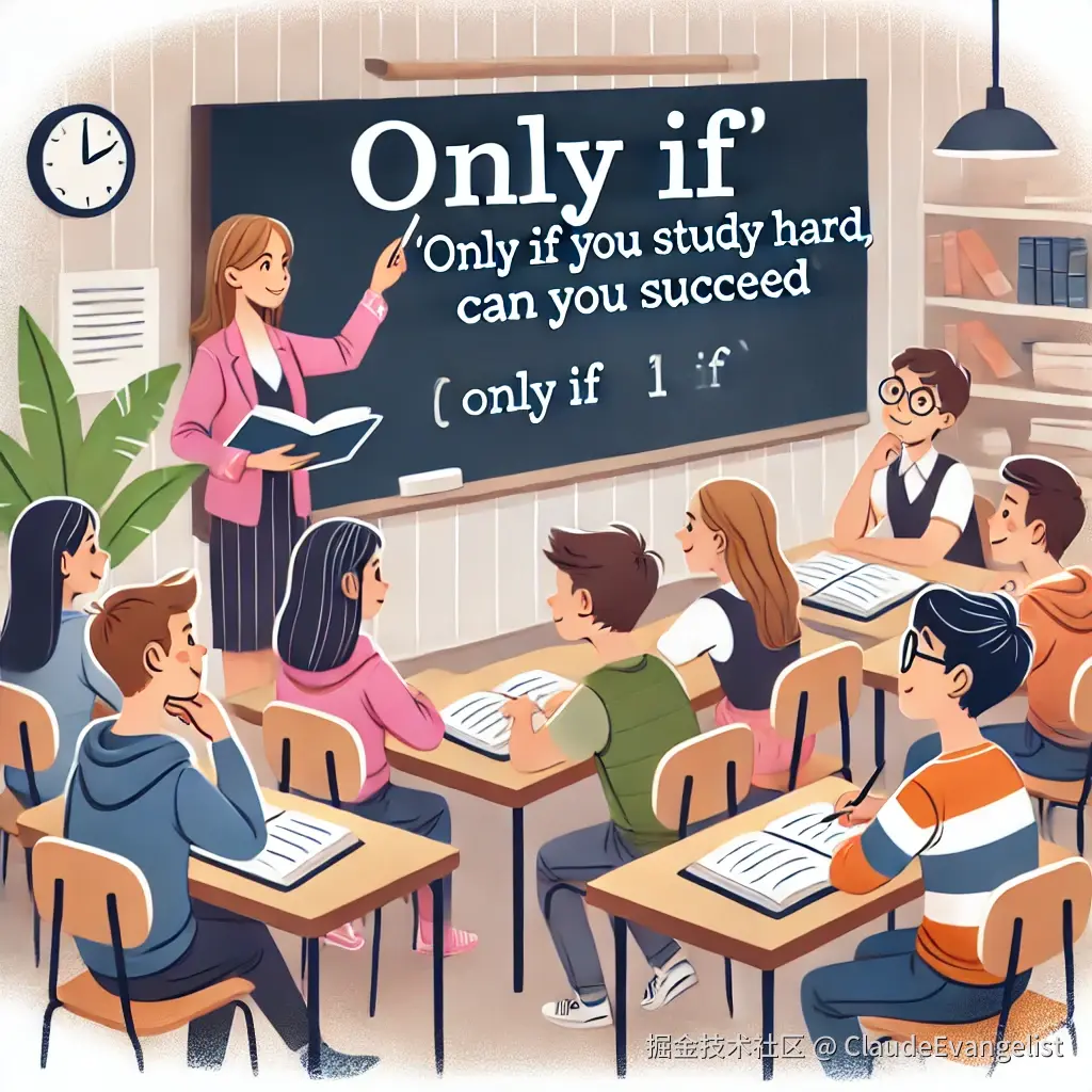 DALL·E 2024-10-06 19.46.35 - An illustration showing a classroom with a teacher writing 'Only if' on a chalkboard while explaining to attentive students. The teacher is pointing a.webp