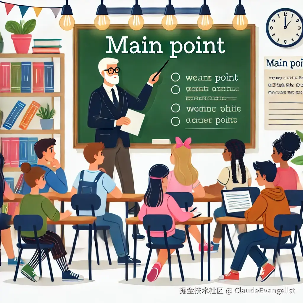 DALL·E 2024-09-30 22.53.46 - An educational illustration of a classroom with a teacher explaining key writing concepts, with a chalkboard displaying 'Main Point' highlighted. The .webp