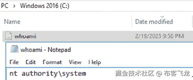 图 1.20 – 文件创建在 C:\，并包含 whoami 命令的输出