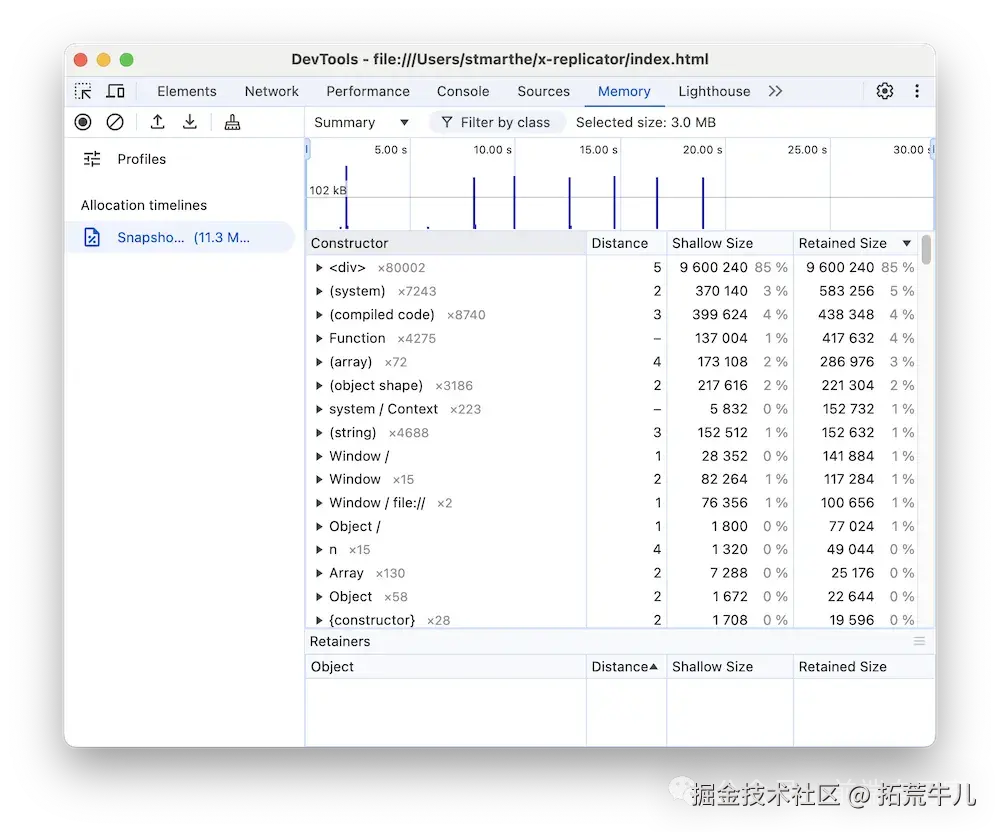 Allocation Timeline 上的蓝色竖条标记了内存分配时刻