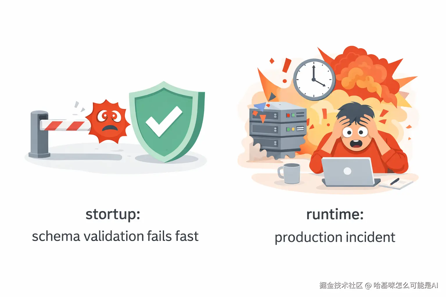 Two-panel comparison illustration. Left panel: a green shield icon blocking a red error at the gate, labeled "startup: schema validation fails fast". Right panel: a chaotic red explosion with a clock showing 3am, a broken server icon, and a stressed engineer, labeled "runtime: production incident". Flat illustration style, slightly humorous tone. Left panel cool green tones, right panel warm red/orange tones. Minimal text labels only.