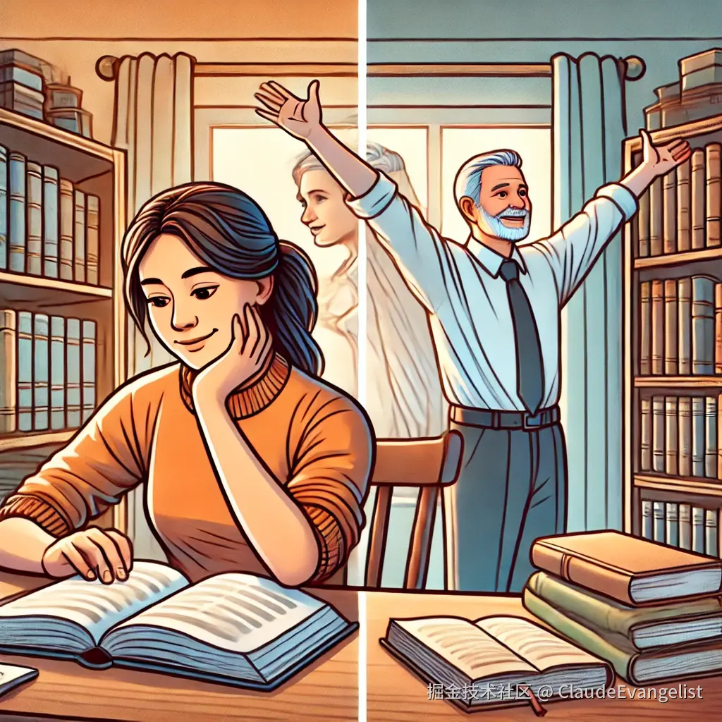 DALL·E 2024-11-03 14.14.56 - A digital illustration depicting a person sitting at a desk with a book open, looking thoughtful. The background shows an older version of themselves .webp