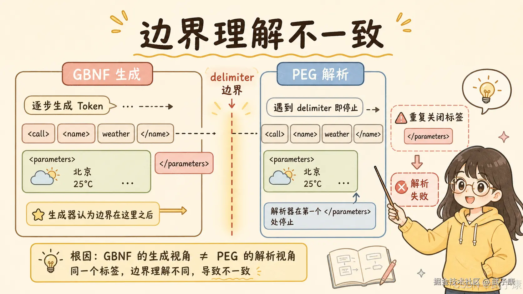 边界理解不一致：左侧 GBNF 生成逐步生成 Token 并把第一个 </parameters> 之后当作合法输出，右侧 PEG 解析遇到 delimiter 即停止并报"重复关闭标签 + 解析失败"，中间红色虚线标注 delimiter 边界冲突